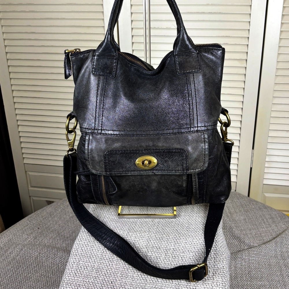 Vintage Y2K Fossil Black Leather Turn Lock Crossbody Tote Shoulder Bag Purse - Picture 1 of 6